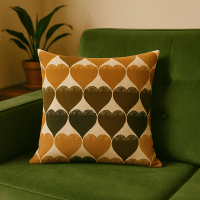 handgemaakt kussen met bruine hartjes in verschillende tinten, van vintage stof