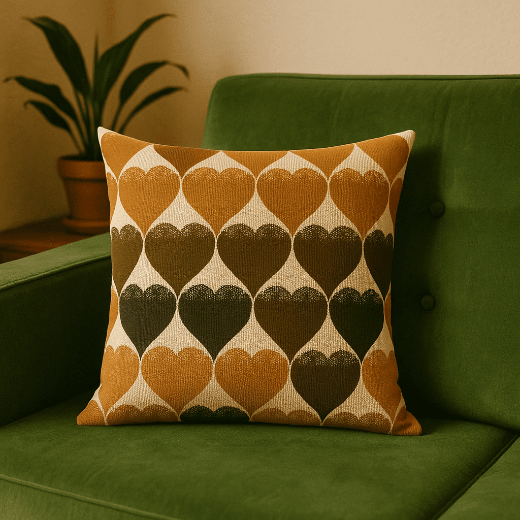 handgemaakt kussen met bruine hartjes in verschillende tinten, van vintage stof