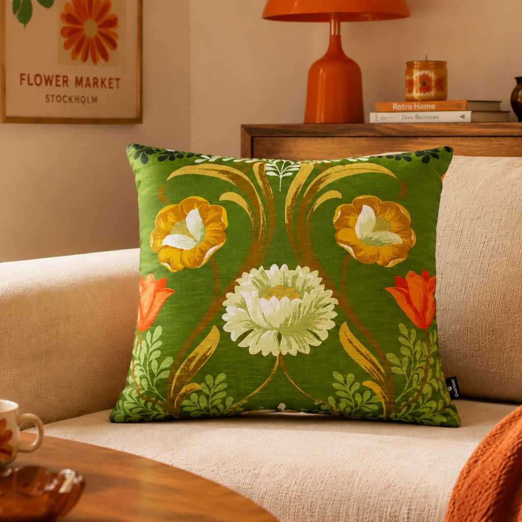 kussen groen met bloemen handgemaakt