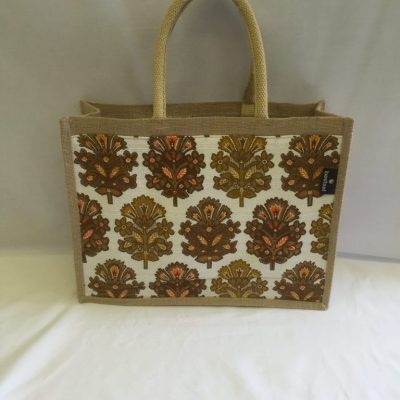 bloemen blad patroon groen bruin ecru - retro tas jute