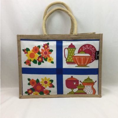 theepot en bloemen blauw blok retro