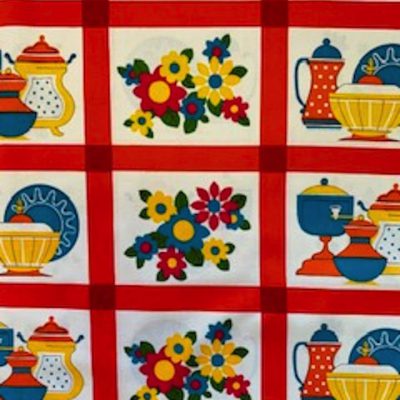 theepot en bloemen rood blok retro stof 2