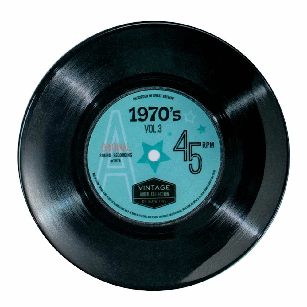 metalen bord van 26 cm met print LP retro jaar 1970