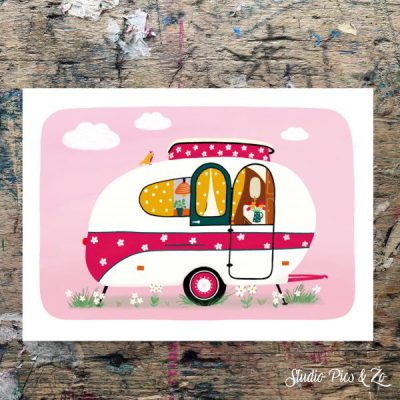 ansichtkaart retro caravan