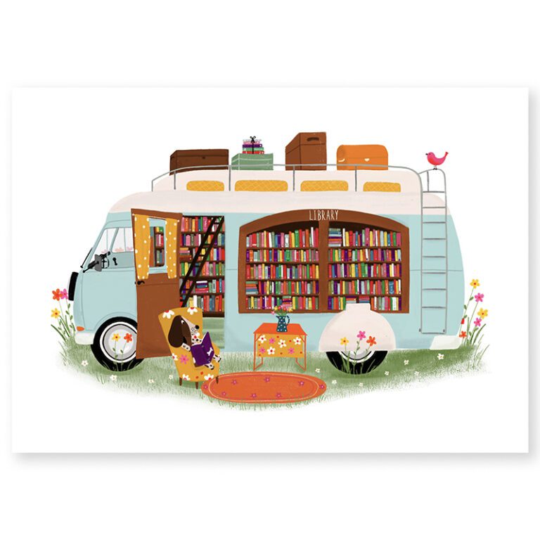 ansichtkaart boekenbus retro camper