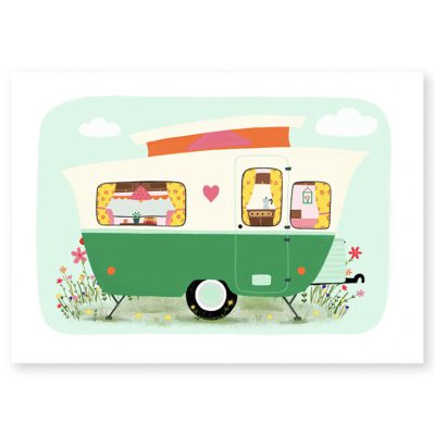 ansichtkaart met retro caravan groen