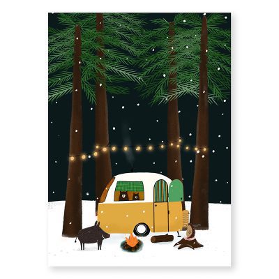 winterkaart gele caravan kerst