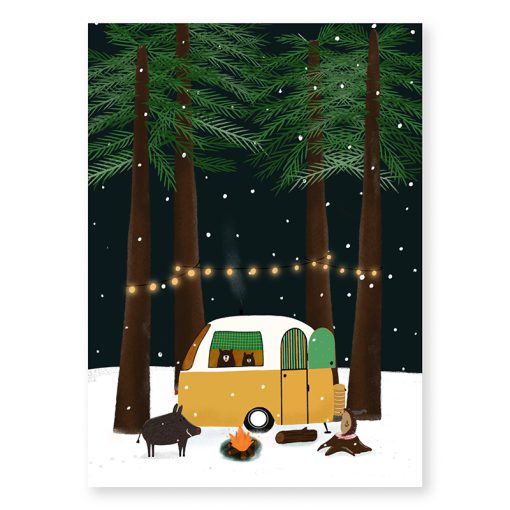 winterkaart gele caravan kerst