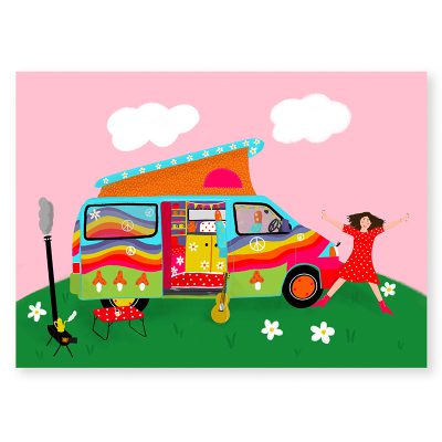 ansichtkaart hippie camper regenboog