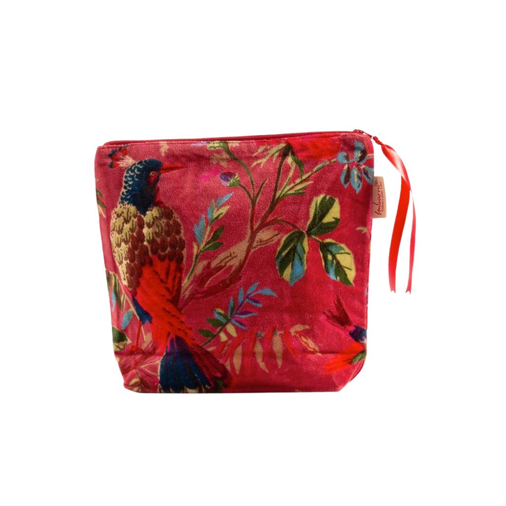 opbergtasje etui van velours roze rood met paradise print