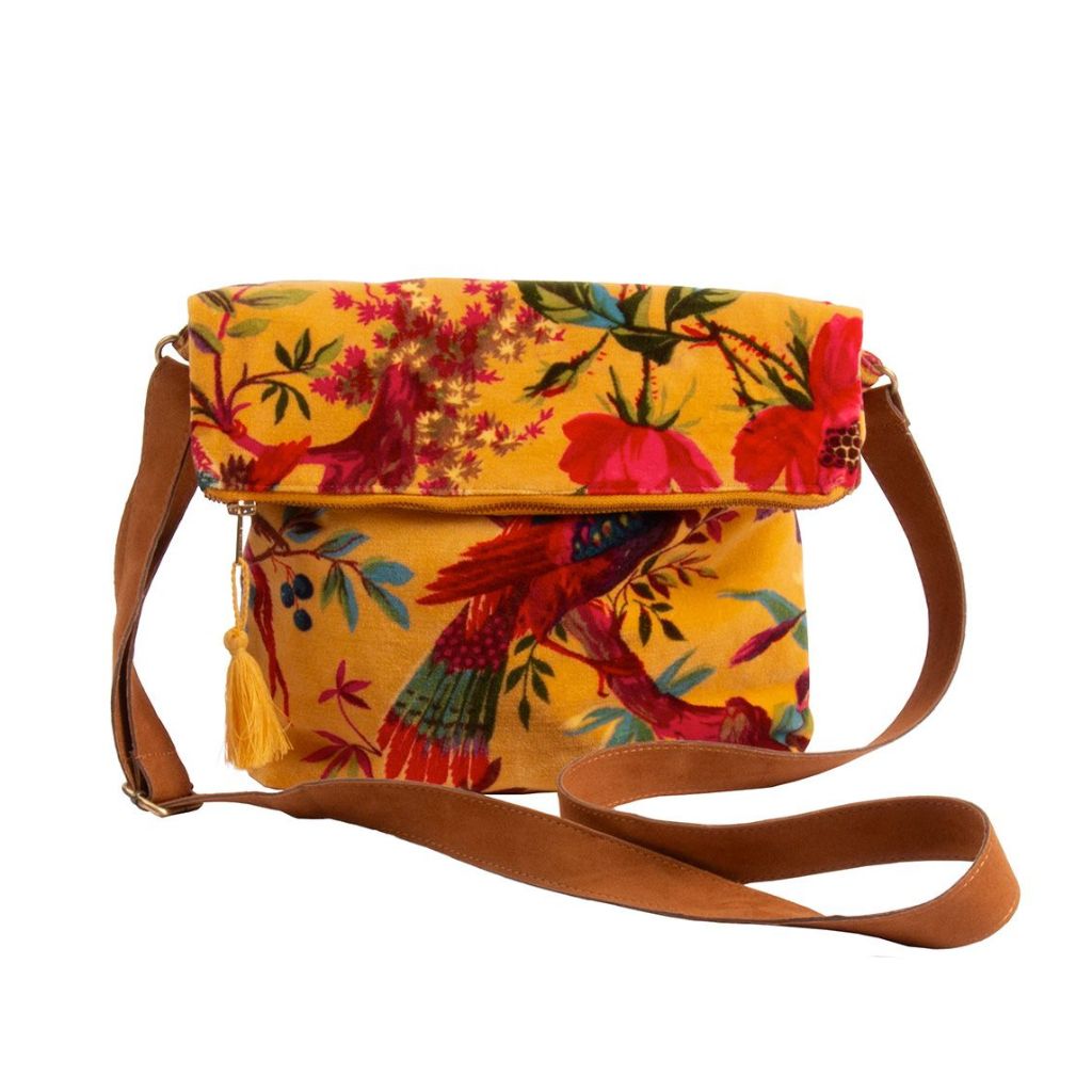 schoudertas geel paradise print fluweel