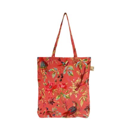 oranje shopper van katoen met vrolijke paradise print, makkelijk op te vouwen