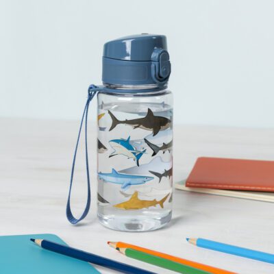 waterfles kind met push up dop transparant met haaien 450 ml