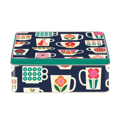 rechthoekige koektrommel met print van retro theekopjes met bloemen op blauwe ondergrond