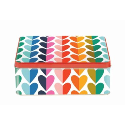 koekblik opbergblik met hartjes in de kleuren van de regenboog