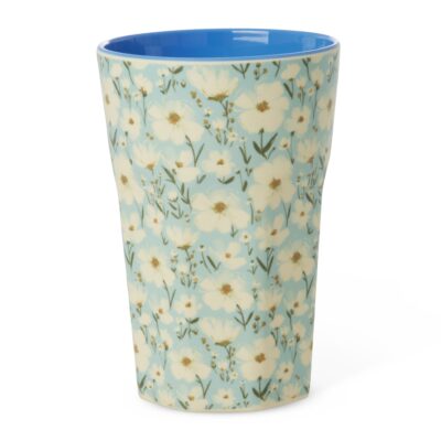 hoge beker met witte bloemen en blauw van melamine