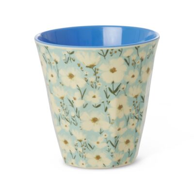 melamine beker met zomerbloemen wit met blauw middelhoog