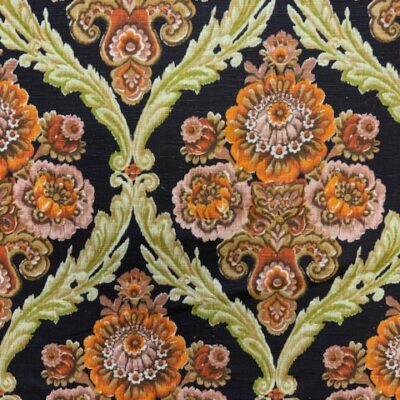 vintage stof met klassieke bloemen print bruin oranje en groen 120 cm breed
