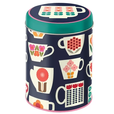 rond hoog opberg blik met retro print theekopjes ontwerp Kate Rhees