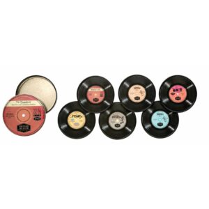 set van 6 onderzetters in opbergblikje, elke onderzetter heeft print van vintage LP