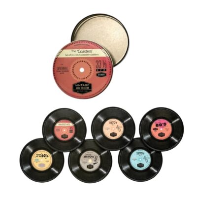 set metalen onderzetters met retro LP print in opbergblikje