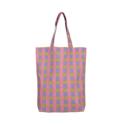 katoenen shopper met streep print in roze blauw geel