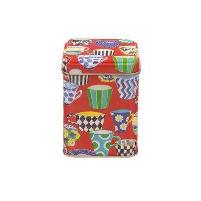 vrolijk rood opbergblikje met theekopjes