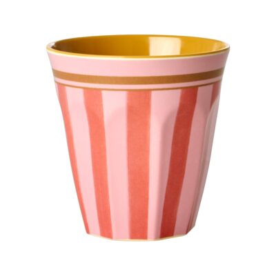 rice beker melamine met strepen in roze en rood met oker gele binnenkant