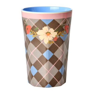 grote rice beker van melamine met retro ruitprint en bloemen in bruin met blauw