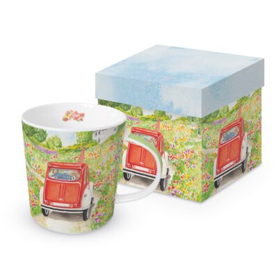 keramiek mok met retro print rode eend op landweggetje in giftbox