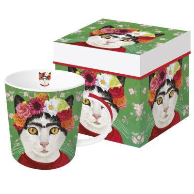 groene mok met print van kat in frida kahlo stijl in opbergdoosje