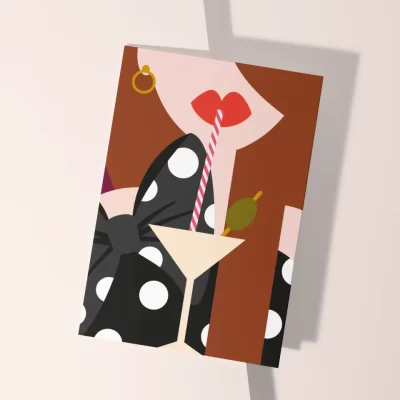 wenskaart met leuke vrouwelijke print, cocktail met een rietje