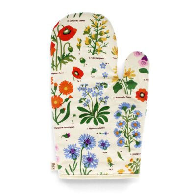 ovenhandschoen met vrolijke bloemen print wild flower. witte ondergrond en van 100% katoen