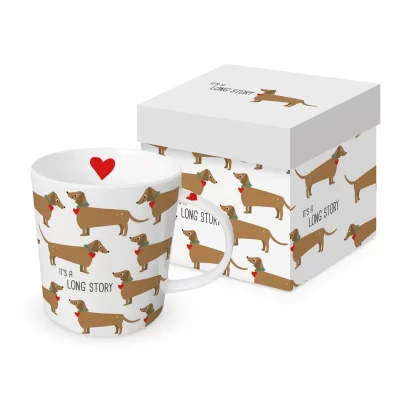 Witte keramiek mok met tekkels en tekst Long story, in kartonnen opbergdoosje, merk PPD