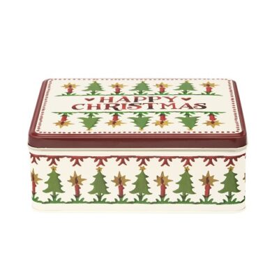 koekblik kerst met kerstboom en kerstprint in groen, rood en ecru