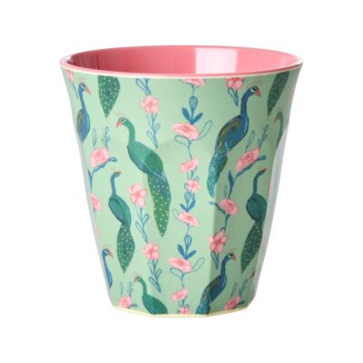 medium beker melamine in groen met print pauwen