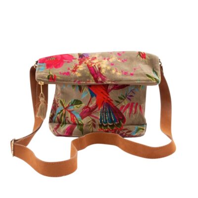 olijfgroene schoudertas met paradise print in stof velvet