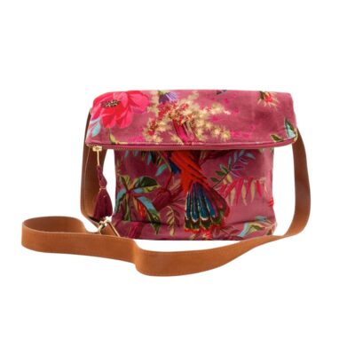 donker rode schoudertas met paradise print
