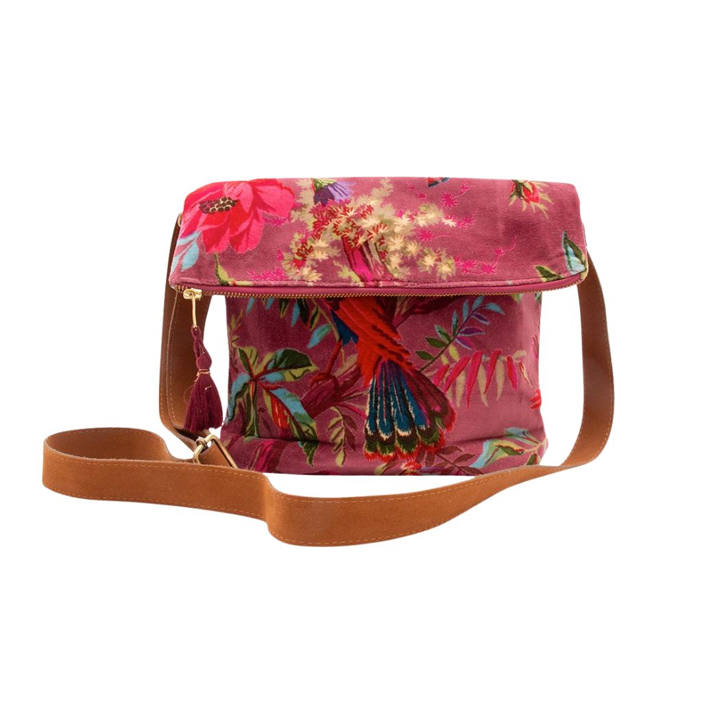 donker rode schoudertas met paradise print
