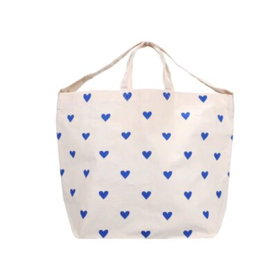 katoenen shopper ecru met blauwe hartjes