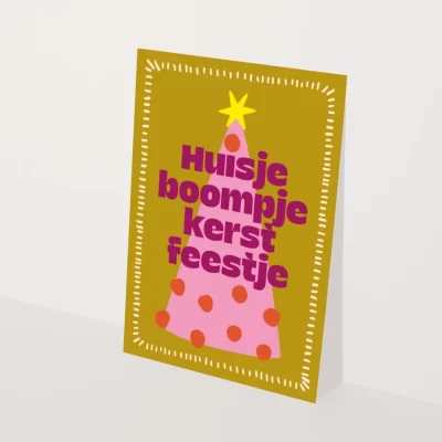 kerstkaart huisje boompje kerstfeestje