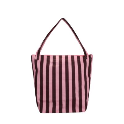 ruime boodschappentas van 100% katoen, met rits en binnenvak met rits. Gestreept in roze bruin