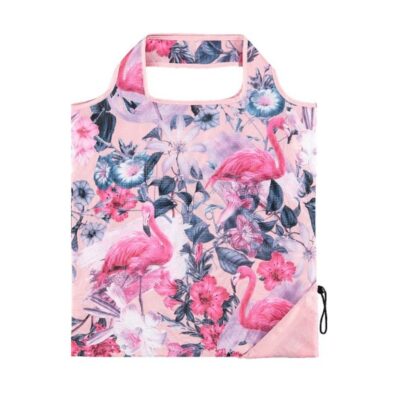 roze opvouwbaar tasje met tropische flamingo print