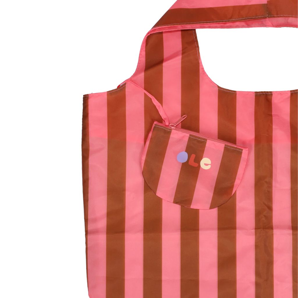 opvouwbaar tasje met strepen in roze en rood gerecyclede pet flessen
