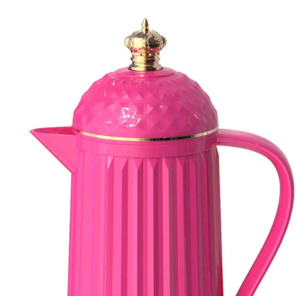 helder roze thermoskan met gouden kroontje inhoud 1 liter