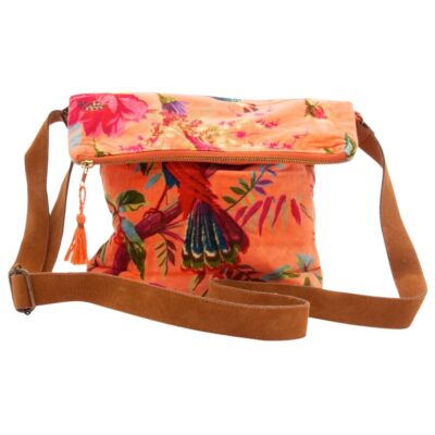 oranje schoudertas met paradise print van fluweel