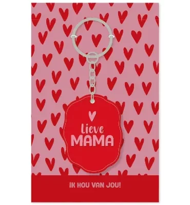 sleutelhanger rood met tekst lieve mama. Op kaartje met hartjes en tekst ik hou van jou