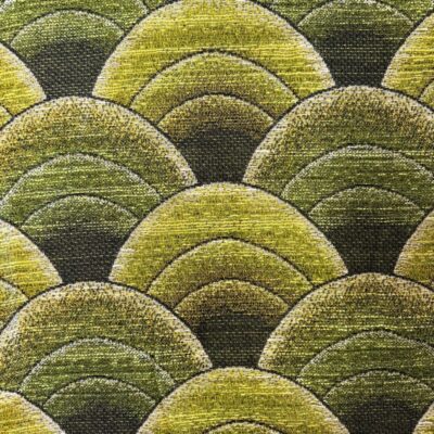 stof met grafisch waaierpatroon in groene kleuren vintage stof jaren 70