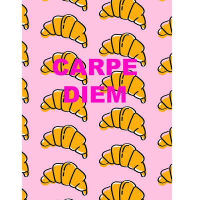 roze interieur poster A4 met croissant en tekst carpe diem