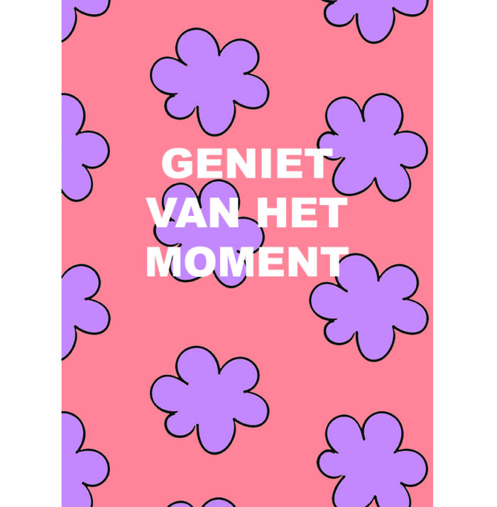 poster A4 van forex met tekst Geniet van het moment. Koraal met lila bloemen